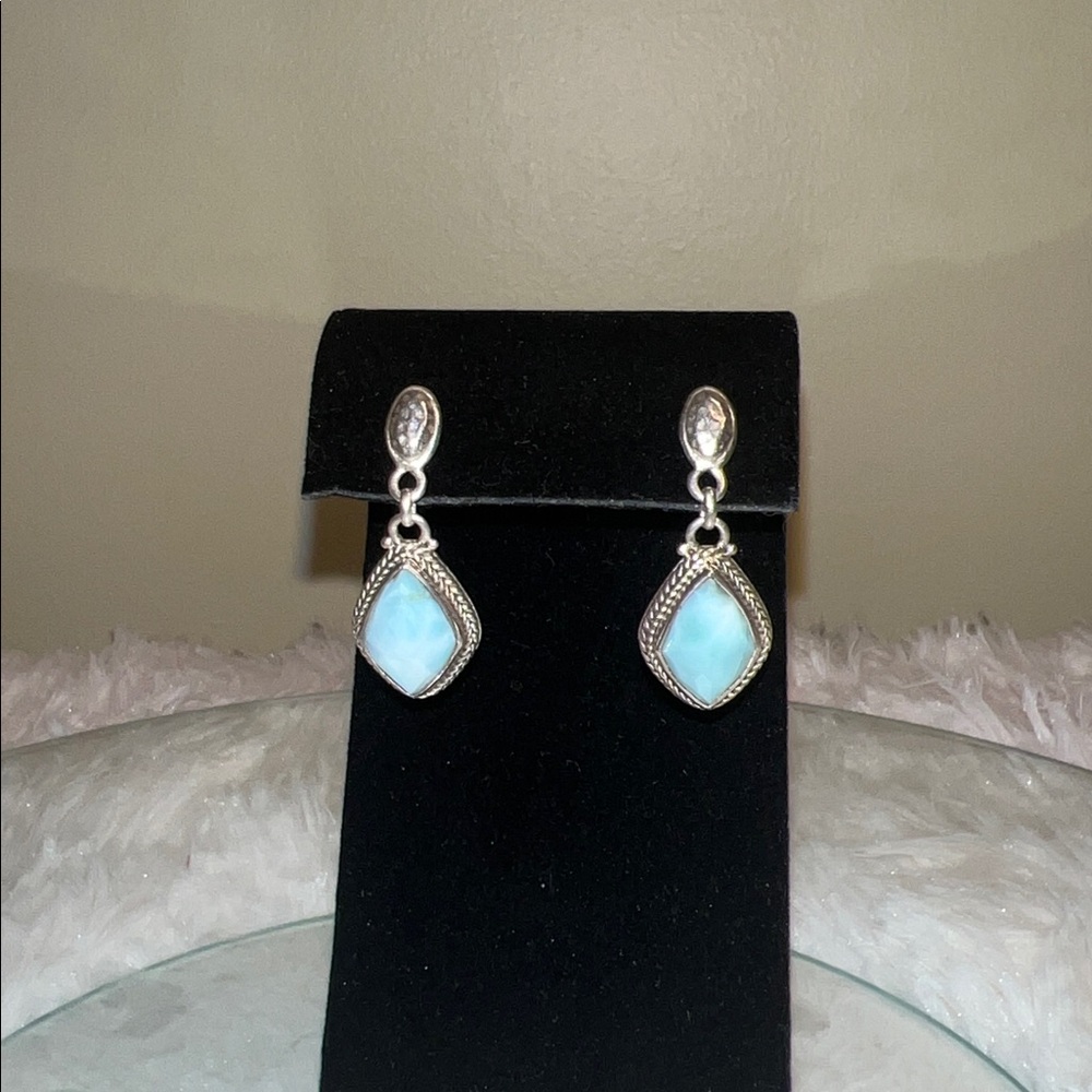 Luxury Artisan of Bali Larimar Earrings, Crafted in Solid Sterling Silver